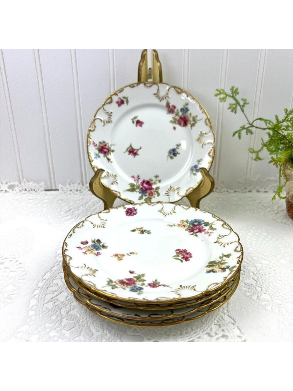 Limoges GDA Burley & Co Set of 5 Dessert Plate Gilded Floral France Signed 6.25"